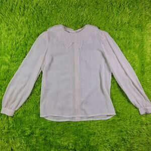 Vintage 70s 80s Sheer White Blouse with Lace Collar, 12